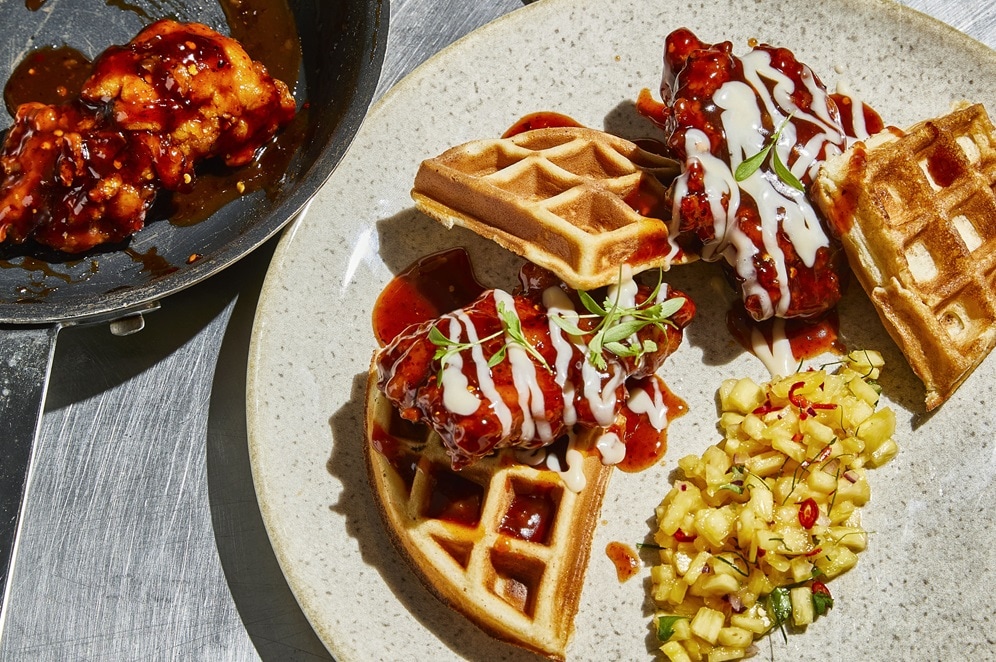 Spicy Asian-Glazed Fried Chicken & Waffles with Maple Mayonnaise – recipe