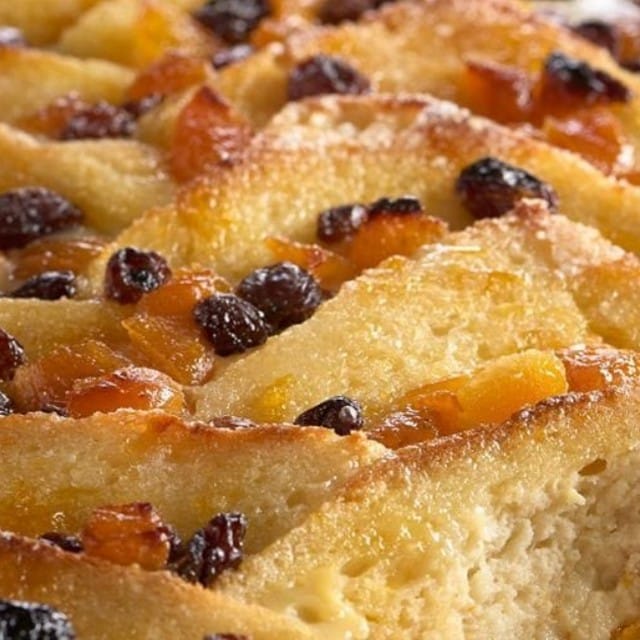 Apricot bread & butter pudding with cinnamon custard Apricot bread & butter pudding with cinnamon custard