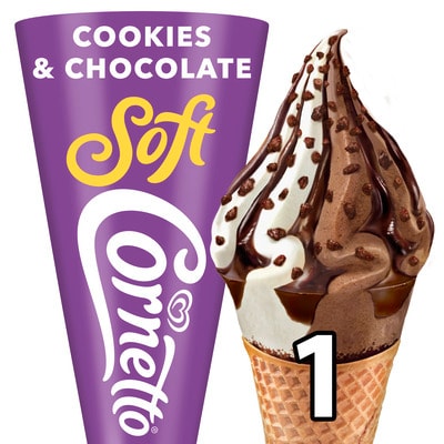 Cornetto Soft Cookie & Choc 140ml - Indulge with an incredibly soft and smooth milk chocolate & cookie flavour ice cream, heightened by a delicious chocolate sauce centre and topped with tasty chocolate cookie pieces.