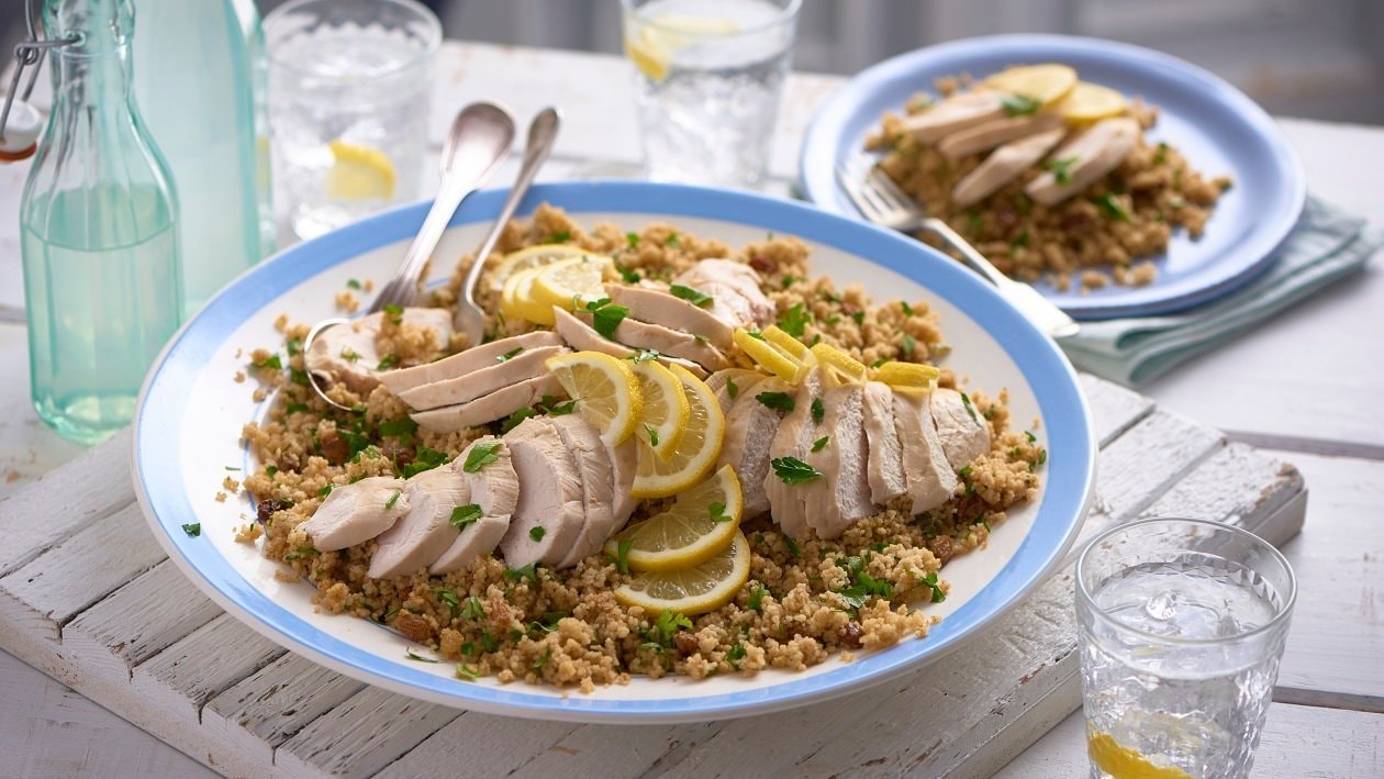 Lemon chicken, cous cous salad with a mustard dressing – recipe