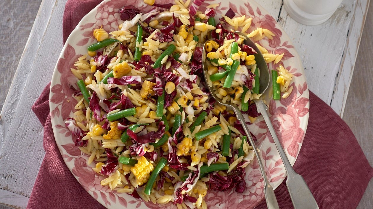Orzo pasta, radicchio, grilled corn, green bean salad with a sweet COLMAN'S mustard dressing – recipe