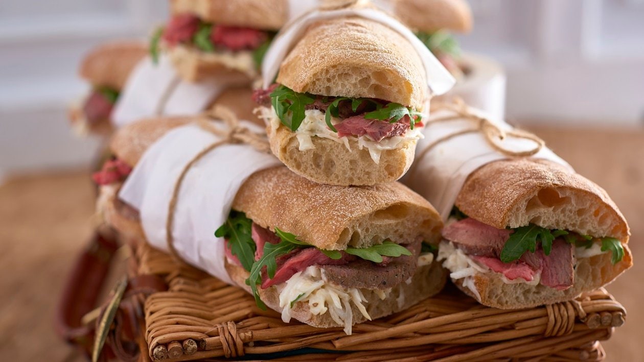 Roast beef ciabatta with celeriac remoulade and rocket – recipe