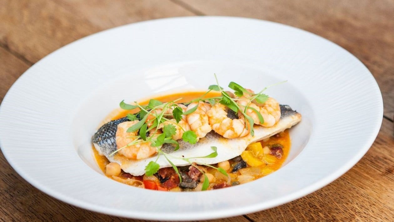 Baked Seabass with Harissa & Chickpeas by Mark Sargeant – recipe