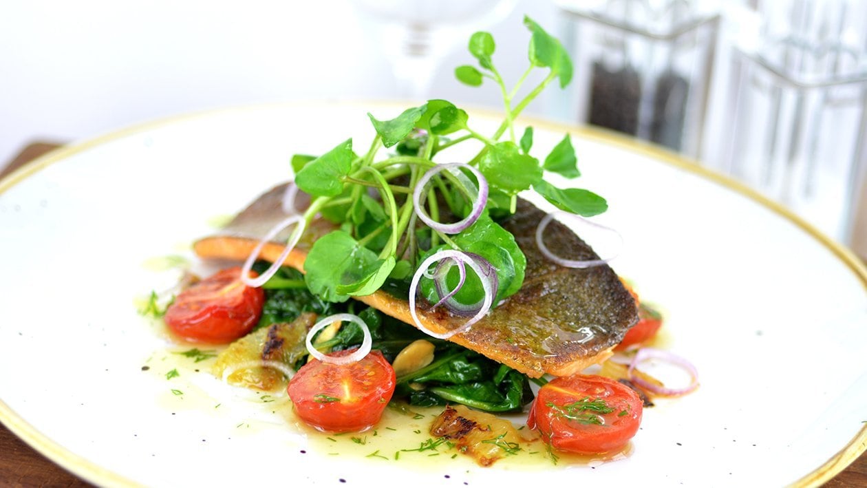 Pan fried trout with almonds, spinach & confit tomatoes (variation) – recipe Pan fried trout with almonds, spinach & confit tomatoes (variation) – recipe