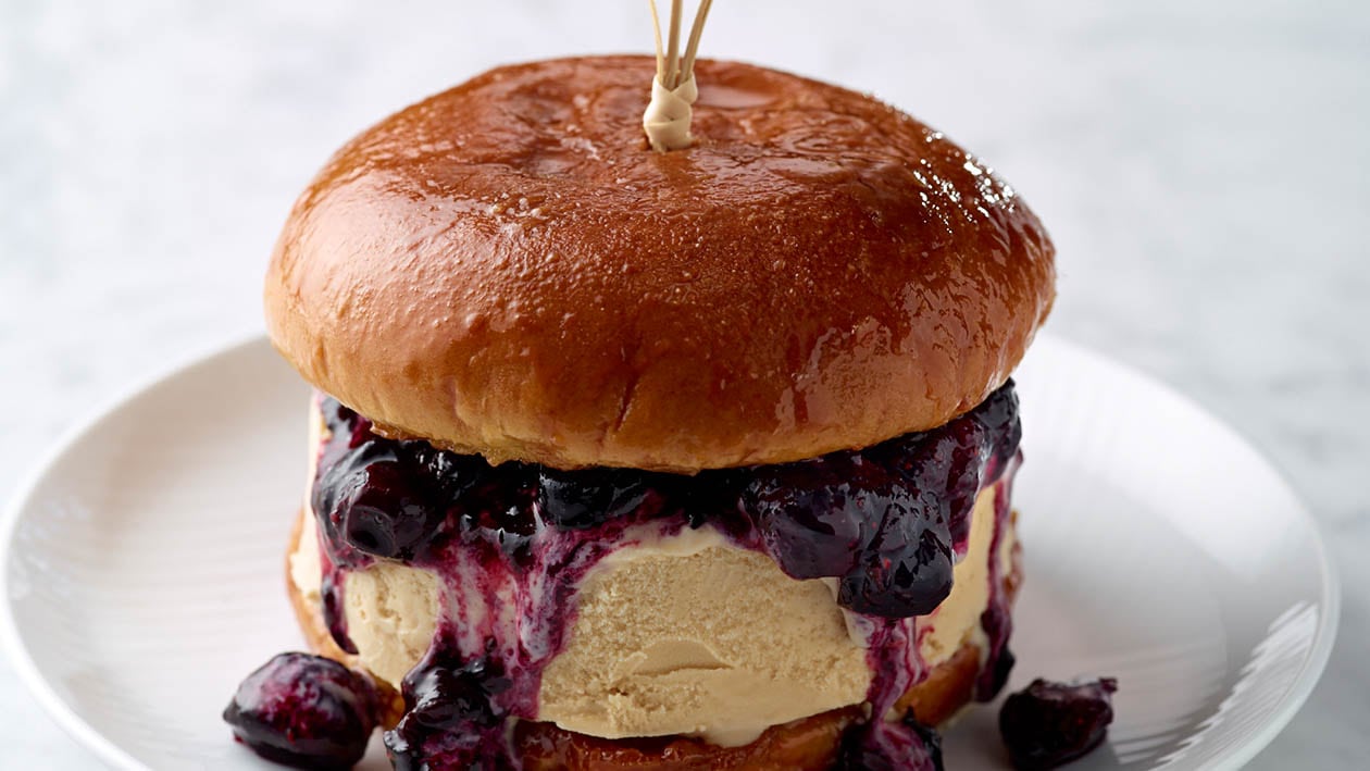Caramelised French dipped brioche ice cream sandwich, blueberry compote – recipe