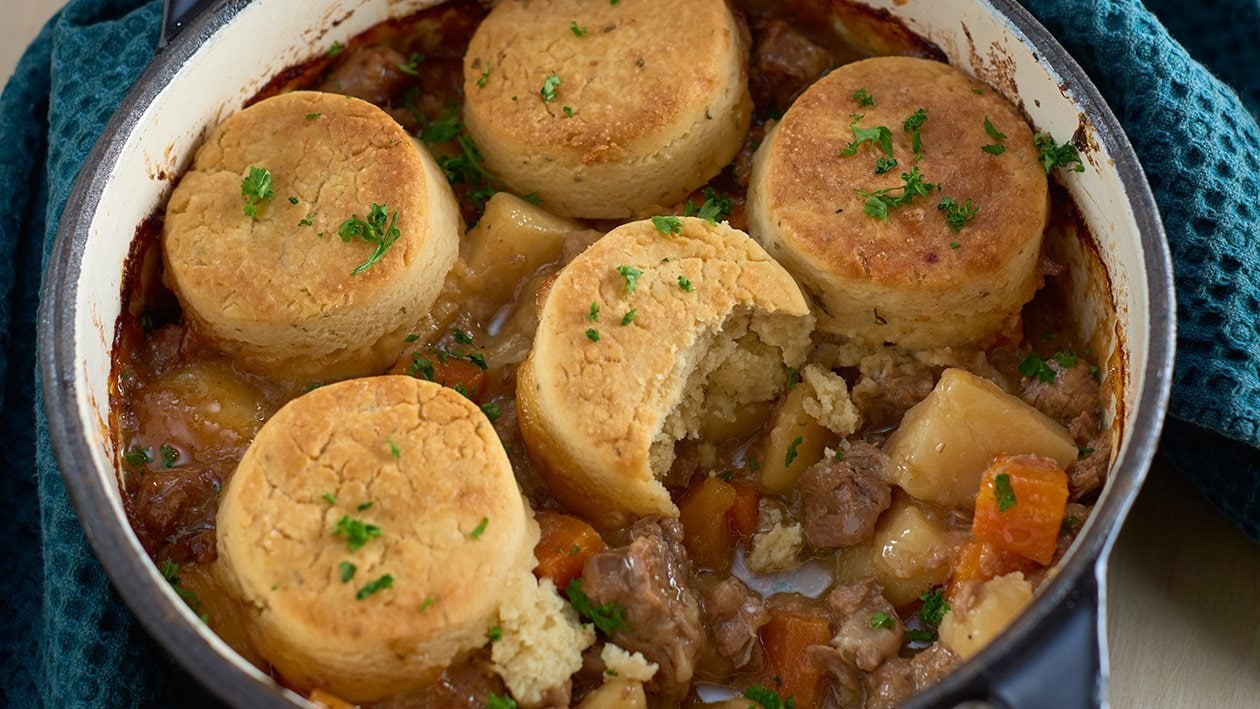 Beef and vegetable casserole with cobbler top – recipe