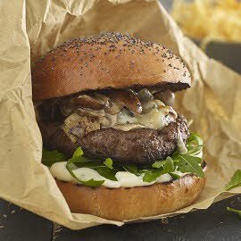 Bourbon, mushroom and blue cheese steak burger Bourbon, mushroom and blue cheese steak burger