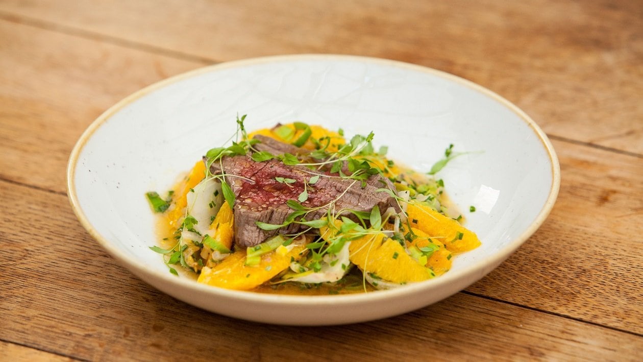 Poached Peppered Venison with a Warm Endive & Orange Salad by Mark Sargeant – recipe