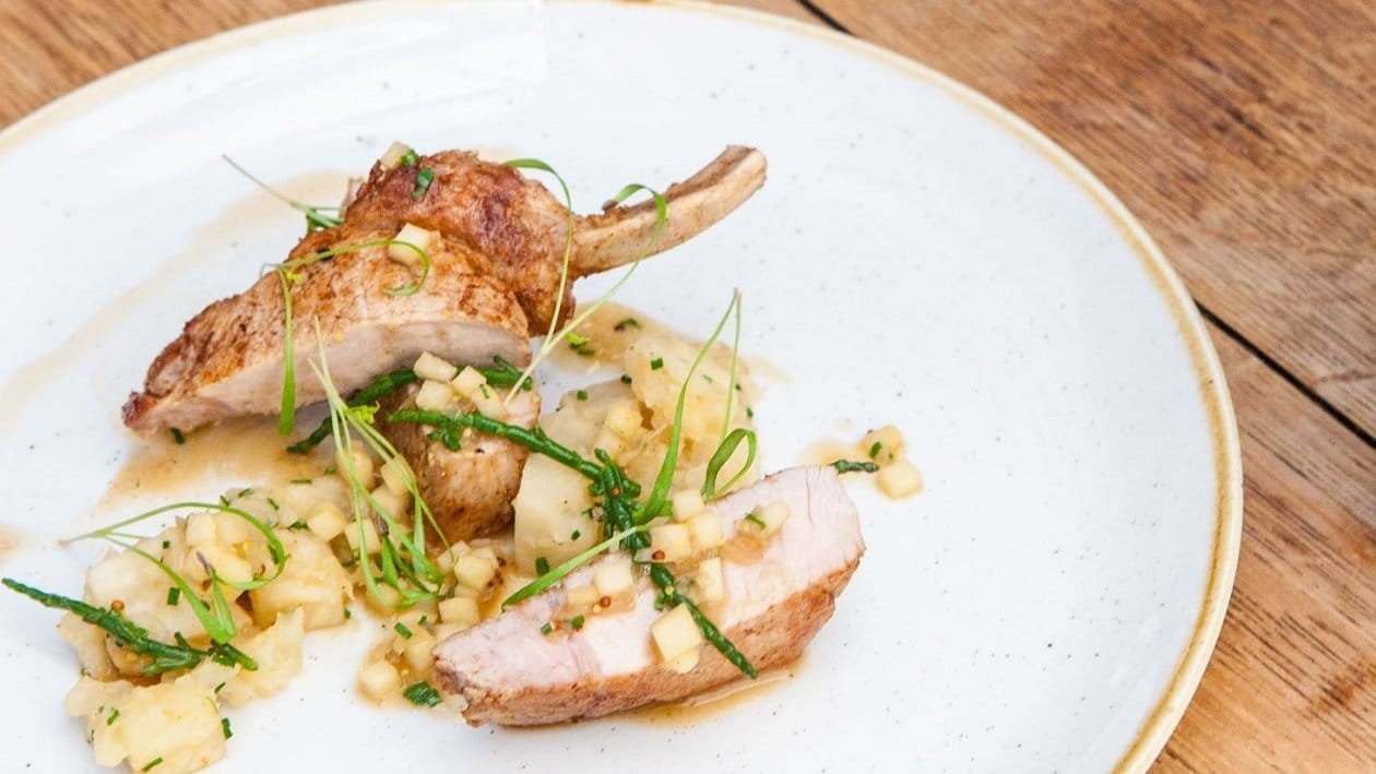 Slow roast pork chop with celeriac and apple by Larry Jayasekara – recipe