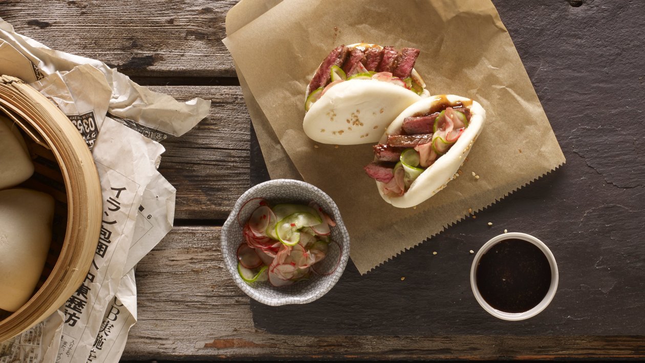 Teriyaki beef buns, cucumber, radish pickles and sticky soy ginger jam – recipe