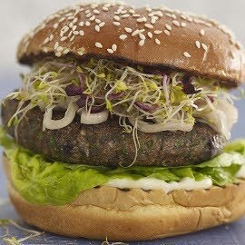 Black bean burger with ginger pickled onions and Alfalfa sprouts Black bean burger with ginger pickled onions and Alfalfa sprouts