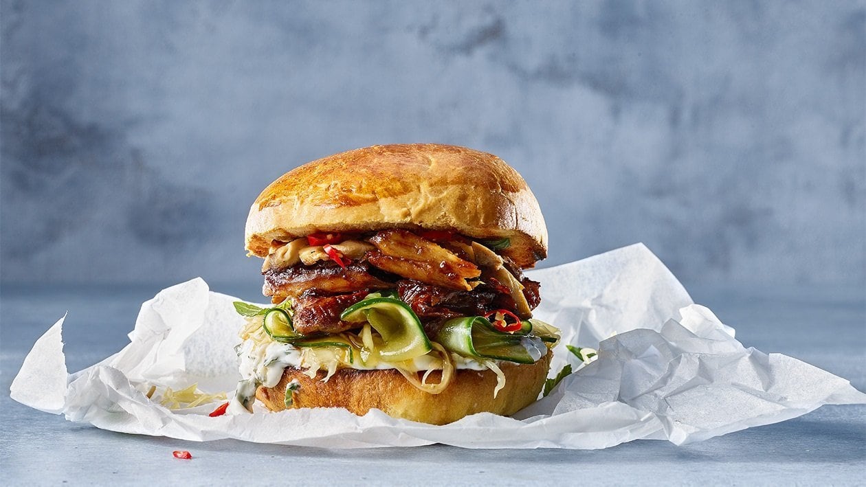 Glazed NoChicken Burger with cucumber pickle and ginger mayo – recipe