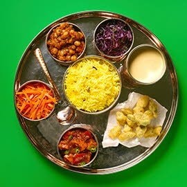 Thali Dish - Squash Balti, Bhindi Pakora, Red cabbage koshimbir Thali Dish - Squash Balti, Bhindi Pakora, Red cabbage koshimbir