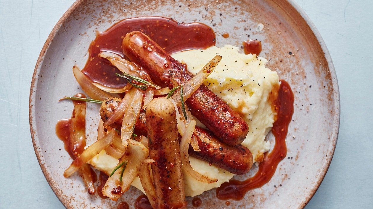 The Vegetarian Butcher Sausages, Mash and Onions – recipe