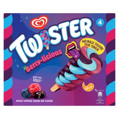 Twister Berry-licious 4MP - A taste explosion in an ice lolly that naturally colours your tongue, these ice lollies are bursting with juicy freshness, perfect for a snack to grab on the go.