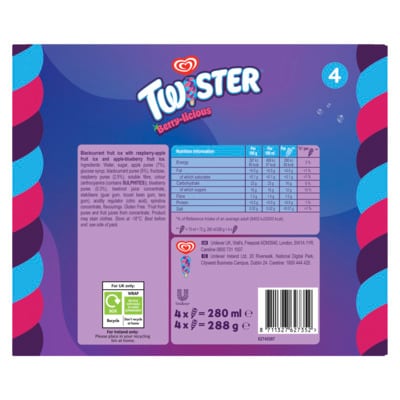 Twister Berry-licious 4MP - A taste explosion in an ice lolly that naturally colours your tongue, these ice lollies are bursting with juicy freshness, perfect for a snack to grab on the go.